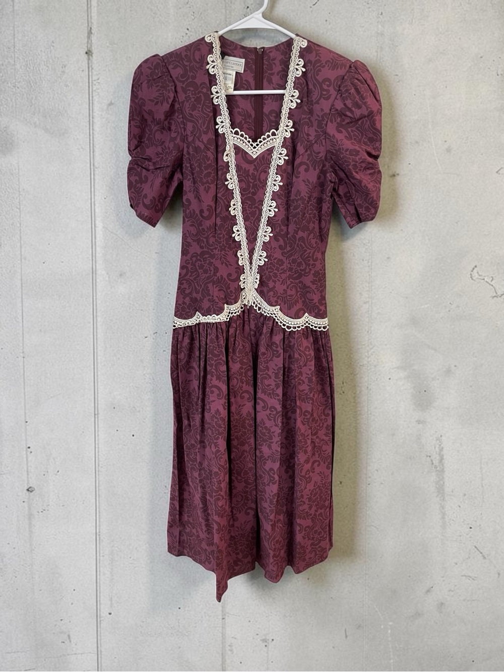 Vintage 80s Jessica McClintock Gunne Sax Cotton Prairie Dress 7/8 Burgundy Lace - Picture 2 of 15